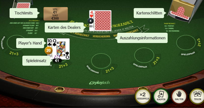 Ein Online Blackjack Spieltisch von Playtech. Links oben befinden sich die abgelegten Spielkarten. Oben mittig ist das Blatt des Dealers zu erkennen, rechts oben der Kartenschlitten. Der einzige Spieler am Tisch hat ein Blatt mit Kreuz 10 und Pik Dame. 